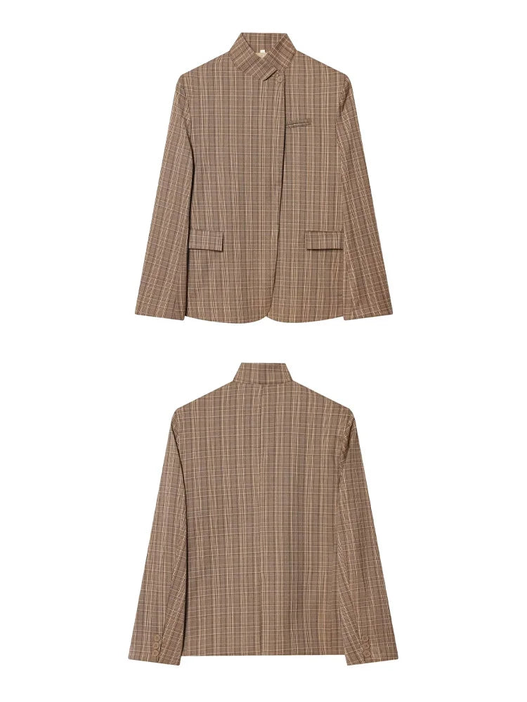 Plaid Stand Collar Long Sleeve Single Button Blazer Coat for Women