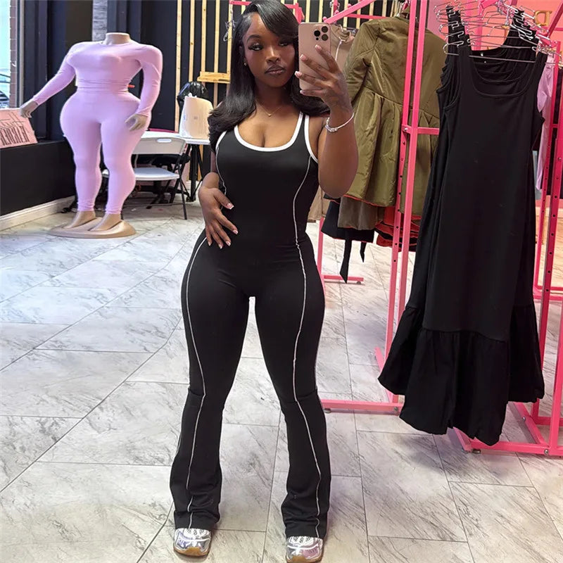 FAGADOER Fashion Striped Patchwork Bodycon Jumpsuits Women Sleeveless Backless Hollow Out Rompers Female Streetwear Overall New