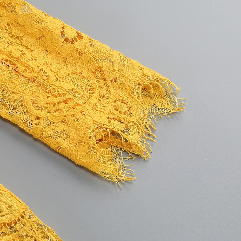 Women's Casual Chic Hollow Out Luxury High-Quality Lace Long Sleeve Suit Jacket High Waist Shorts Three Pieces Set Evening Party