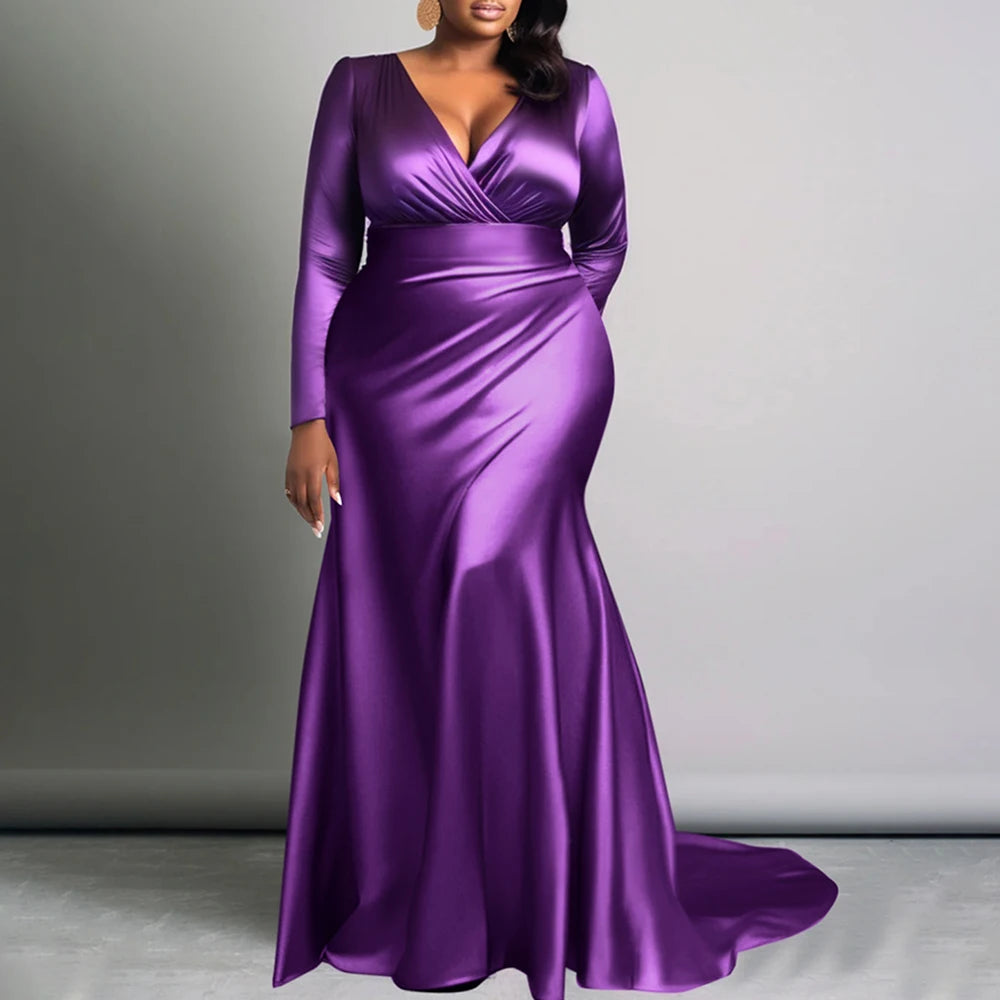Plus Size Solid V-Neck Long Sleeve High Waist Fishtail Evening Gown For Women