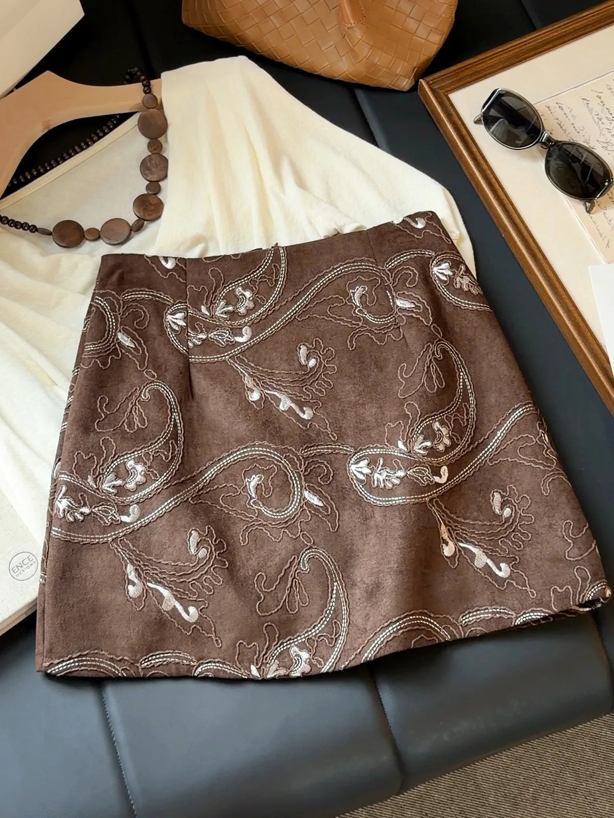 Embroidered Suede A-Line Mini Skirt