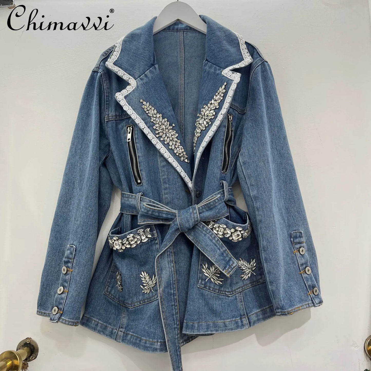 2026 Spring New Heavy Beaded Denim Jacket for Women Fashion Loose-fit Long-sleeve Streetwear Cinched Waist Denim Coat Tops