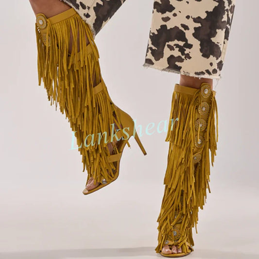 Mustard Suede Fringe Knee High Sandals