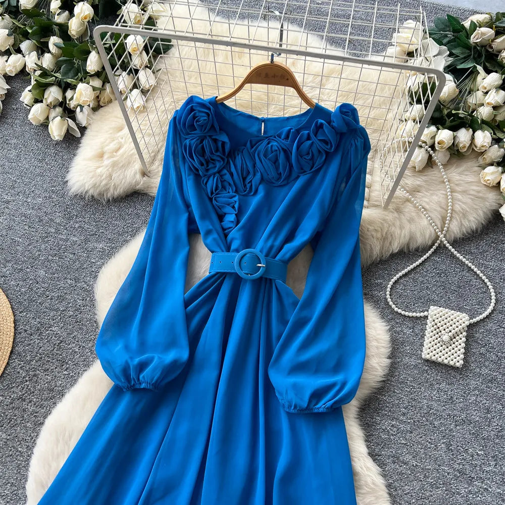 Floral Lace V Neck Long Sleeve A Line Midi Dress for Women