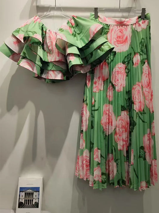 Printed Top And Pleated Skirt Set