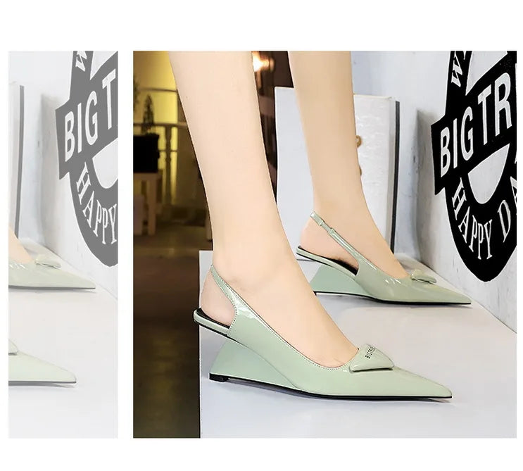 Patent Leather Wedge Heel Pumps With Back Strap for Women