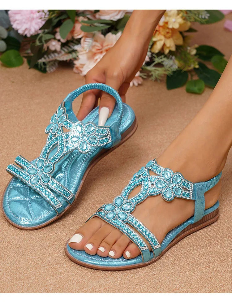 Bohemian Rhinestone Openwork Flat Sandals For Women