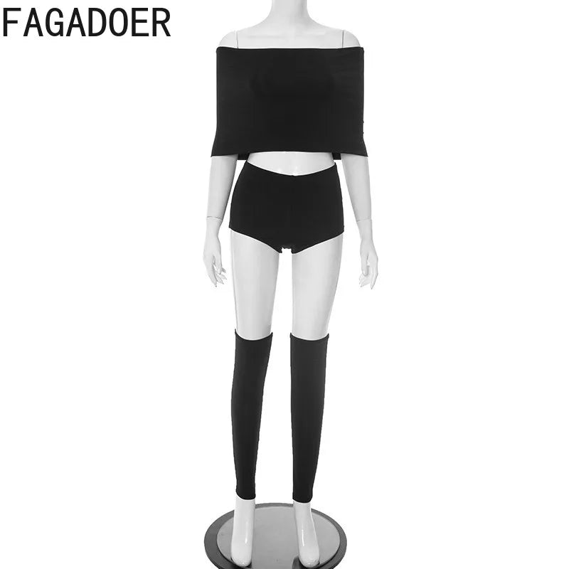 FAGADOER Y2K Sexy Streetwear 2 Pieces Set for Woman Off Showlder Sleeveless Backless Crop Top and Shorts Suit Female Clothing