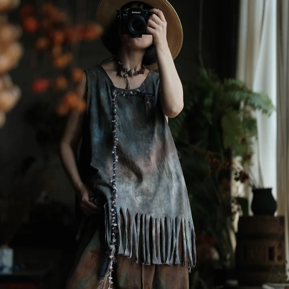 Casual Loose Fit Print Tassels Tank Top Cotton for Women