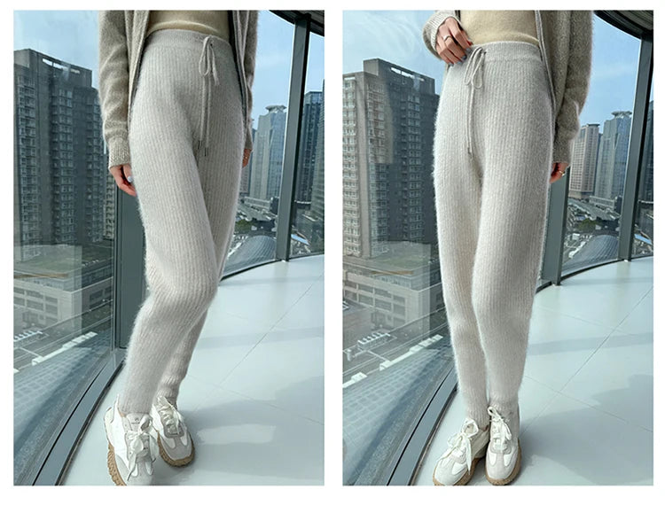 Warm Knit Elastic Waist Slim Fit Trousers for Women