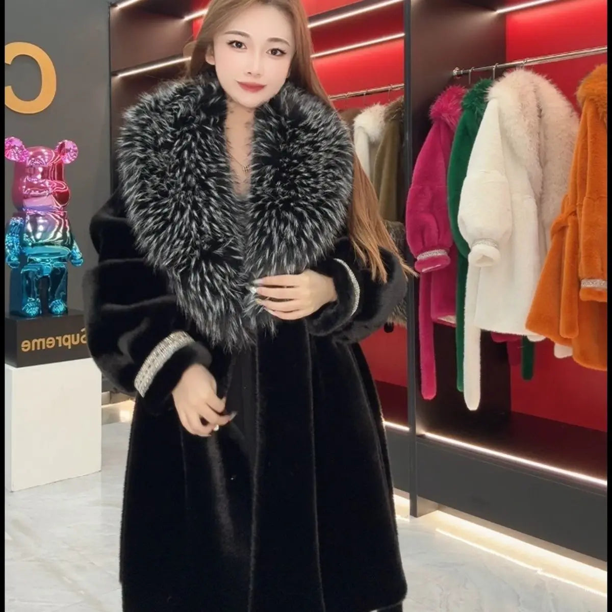 Faux Fur Coat for Women,Turn-down Collar,Loose Thicken Warm Jacket,Female Clothes,Adjustable Waist,New ,Winter