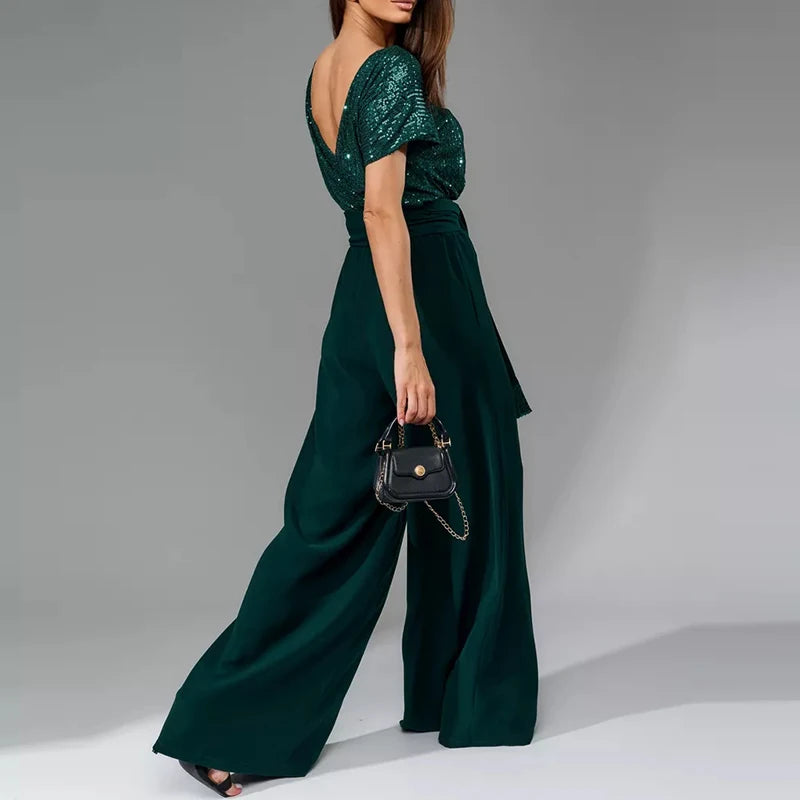 Sequin Patchwork High Waist Jumpsuit with Short Sleeves for Women