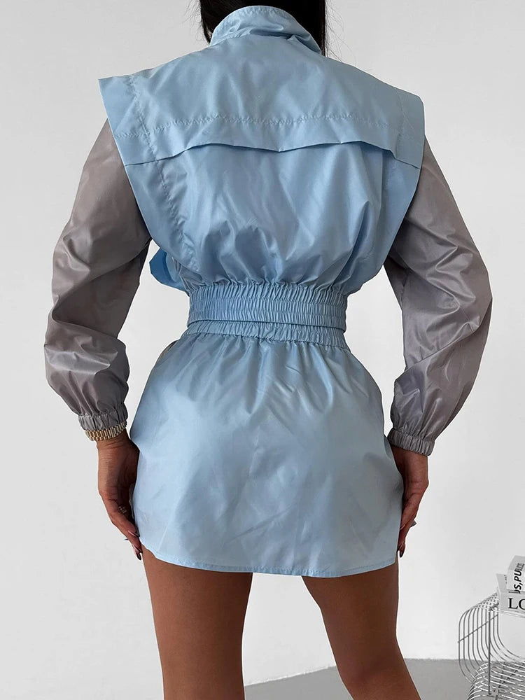 Casual Color Block Long Sleeve Jacket And Mini Skirt Set For Women