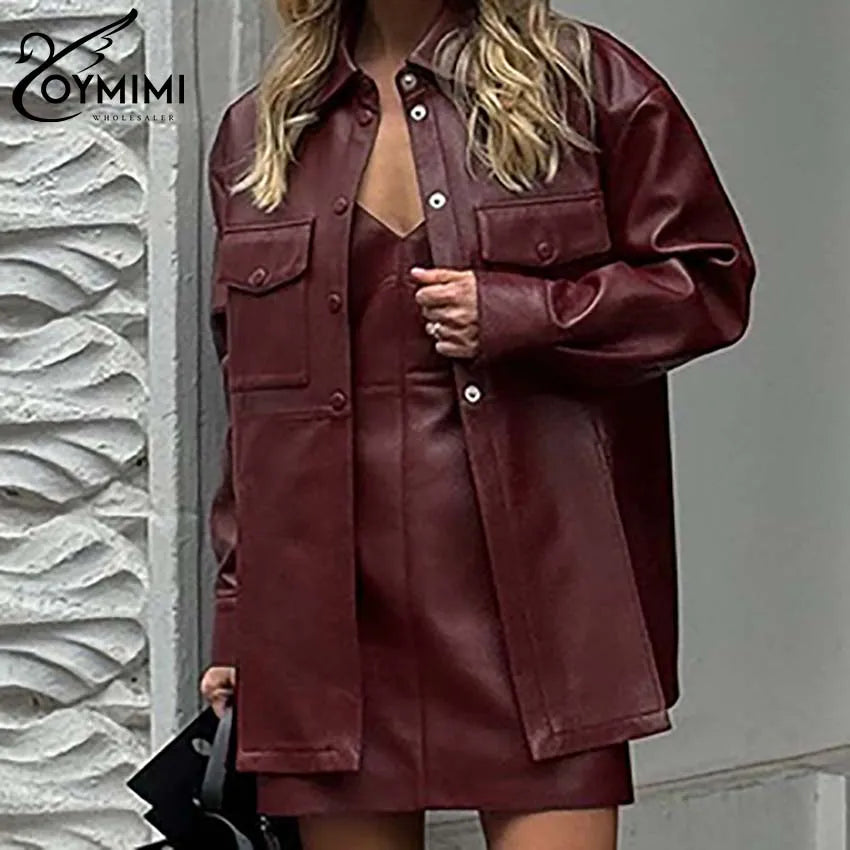 Oymimi Fashion Wine Red Pu Leather Women's Two Pieces Set Elegant Long Sleeve Button Shirts And Spaghetti Strap Mini Dress Sets