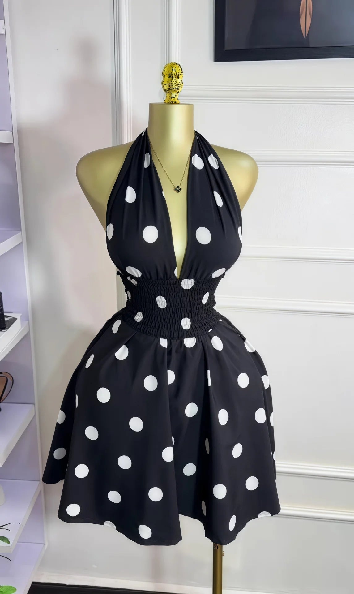 Retro Halter Neck Polka Dot Chiffon Mini Dress for Women