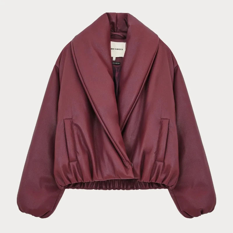 PU Leather Women's Cotton Coat Vintage Laple Full Sleeve Thicken Pockets Female Parka Jackets 2025 Autumn Winter Lady Streetwear
