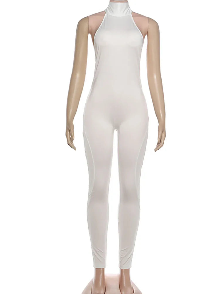 Peach Backless Halter Skinny Fit Jumpsuit for Women