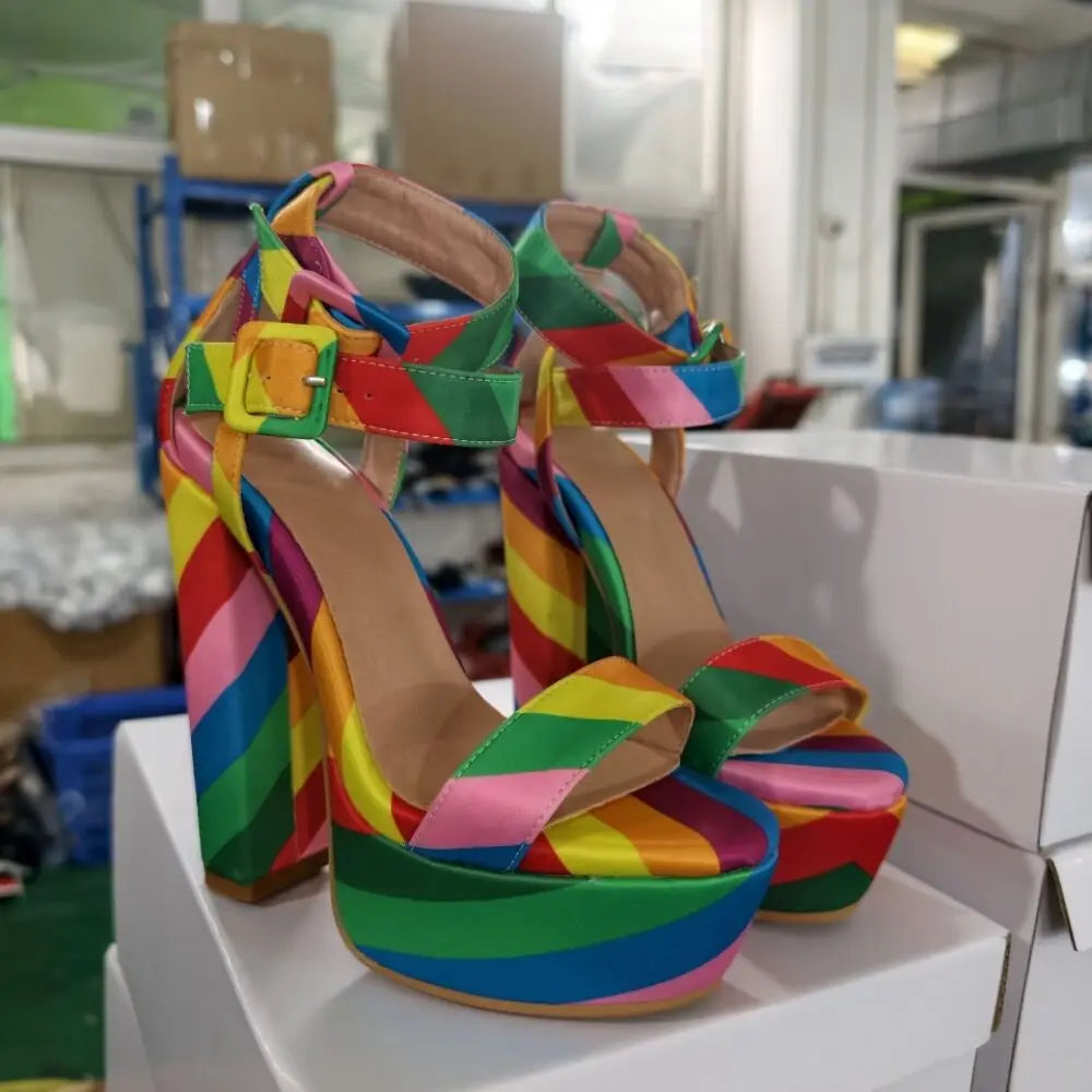 Rainbow Satin Buckle Heel Sandals