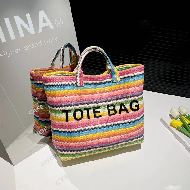 Large capacity beach woven bag, colorful striped tote bag, letter contrasting handbag for women
