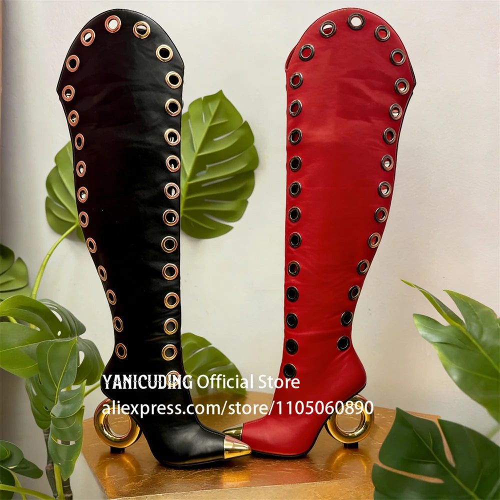 Metal Eyelet Pointed Toe Over The Knee Boots for Women