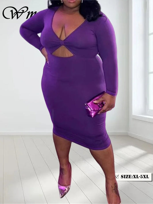 Wmstar Plus Size Dresses Women Bodycon Stretch V Neck Hollow Out Elegant Long Sleeve Maxi Dress Summer Wholesale Dropshipping