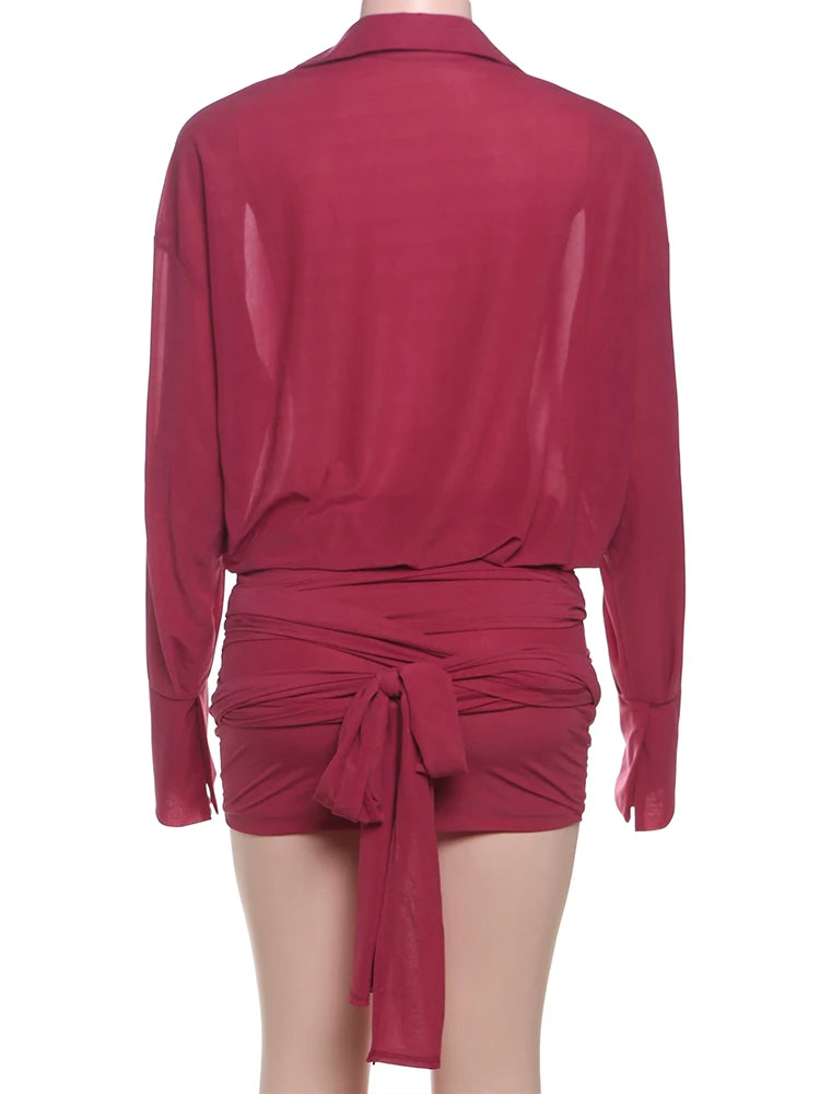 Cutenew Solid Classic Women Blouse Dress Sexy Thin See Through Full Sleeve Lapel Single Breasted Pleated Mini Vestido Streetwear