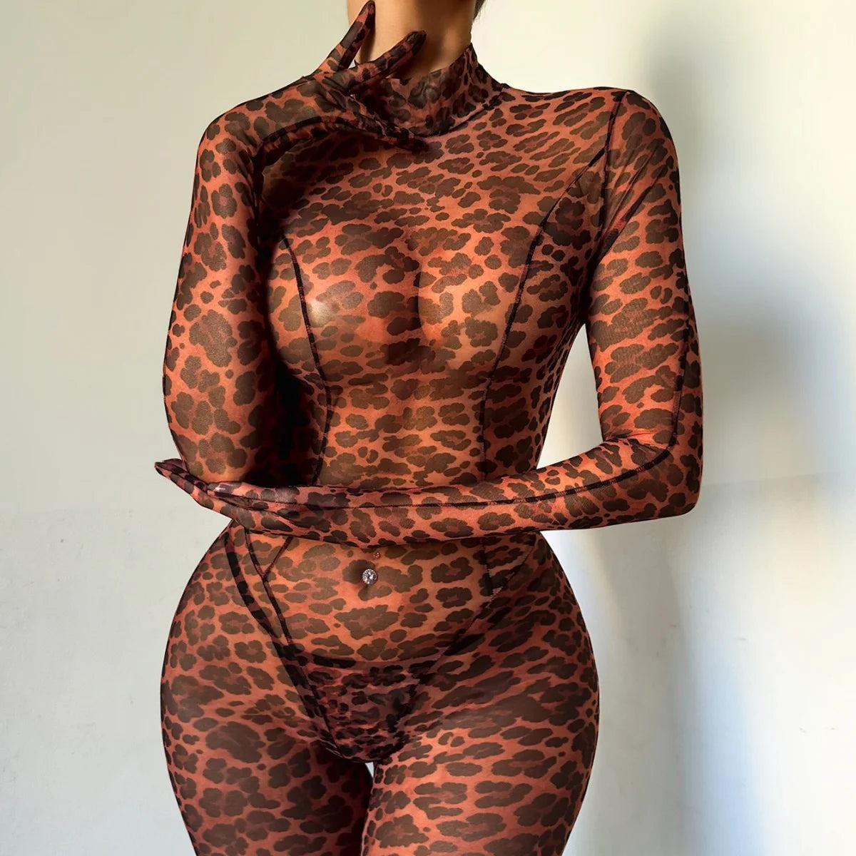 Slim Fit Leopard Print Long Sleeve Two Piece Set for Women