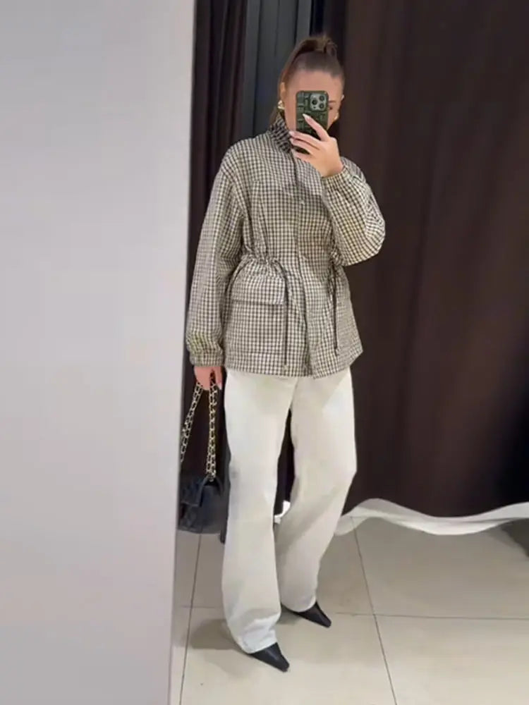 Grid Pattern Stand Collar Long Sleeve Coat for Women