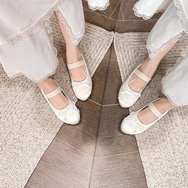 Round Toe Bow Satin Mary Jane Ballet Flats for Women