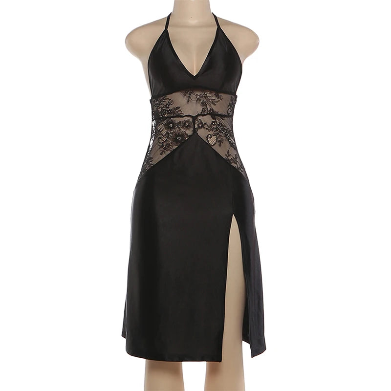 Halter Lace Patchwork Bodycon Midi Dress for Women