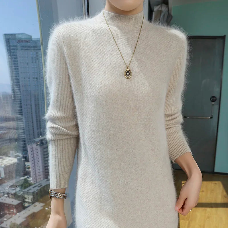 Warm Loose Fit Jacquard Knit High Neck Knee Length Dress for Women
