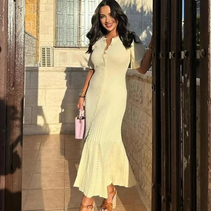 Elegant Pleated Hem Street Fashion O Neck Bell Sleeve Slim Knit Midi Dress 2025 Women Summer Beach Swimsuit Cover Up Tunic A3055