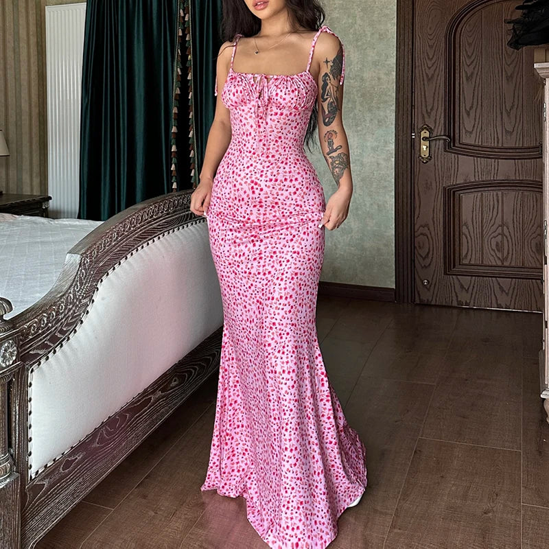 Sleeveless Floral Print Lace Up Backless Maxi Dress for Women