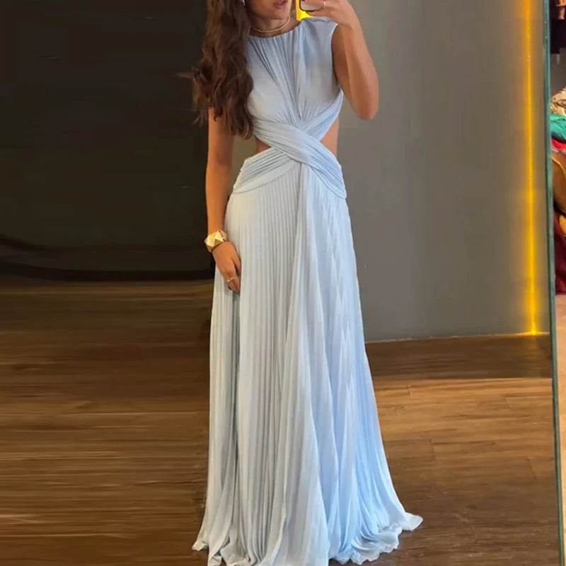 Elegant Backless Cross Pleated Maxi Dress for Women