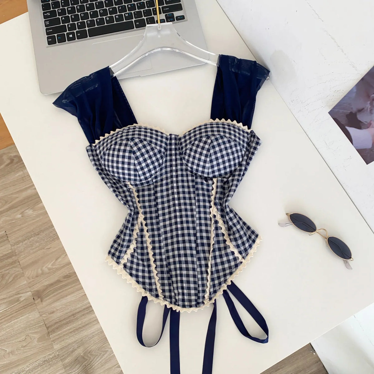 Retro Gingham Lace Up Bustier Corset Top for Women