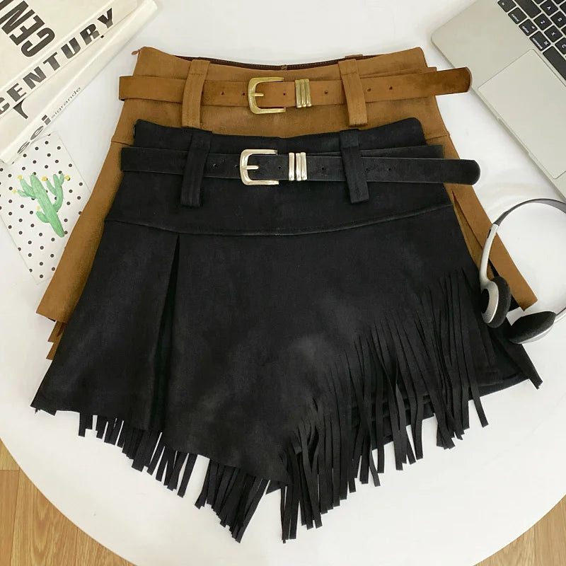 Tassel Detail Faux Suede Shorts
