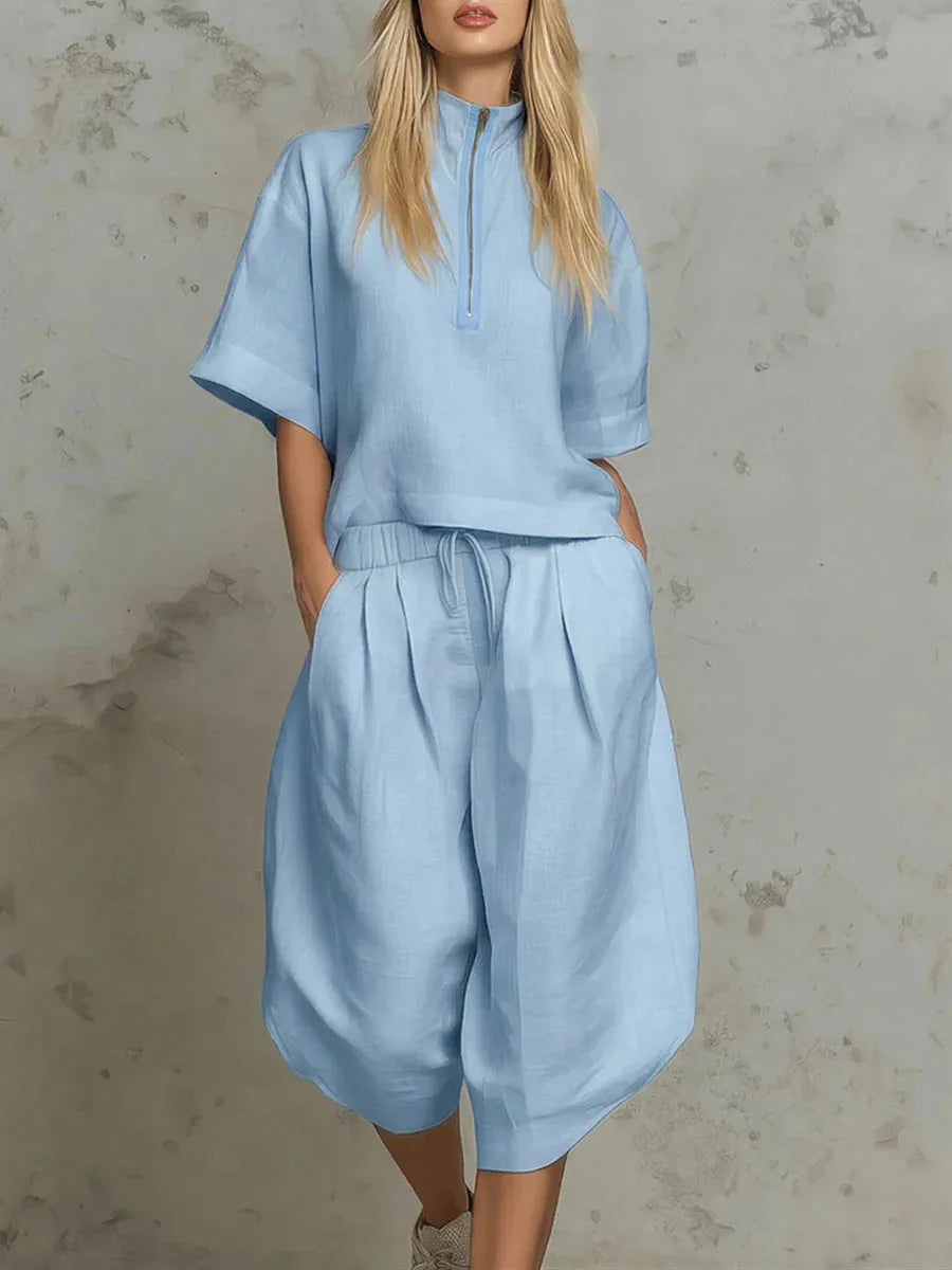 Casual Summer Zipper Neck Two Piece Shorts Set for Women