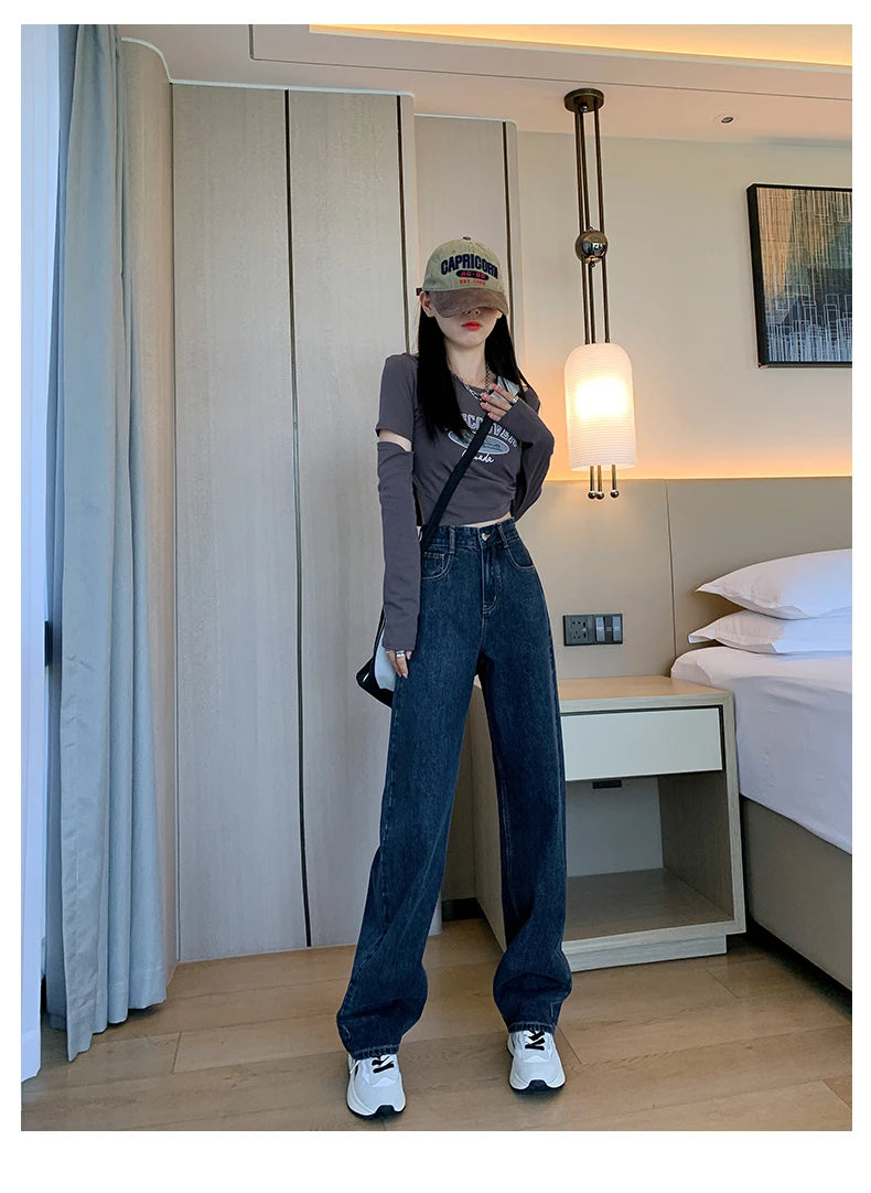 High Waist Casual Wide Leg Straight Jeans for Women