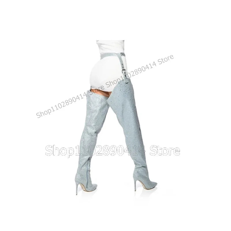 Light Blue Glitter Pointed Toe Stiletto Thigh High Boots For Women