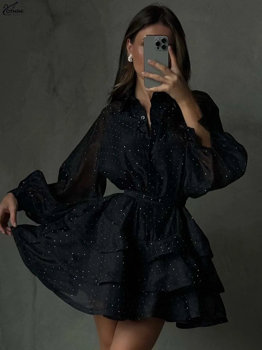 Oymimi Fashion Black Rhinestone Women's Dress Casual Lapel Long Sleeve Button Dresses Elegant New Lace-Up Pleated Mini Dresses