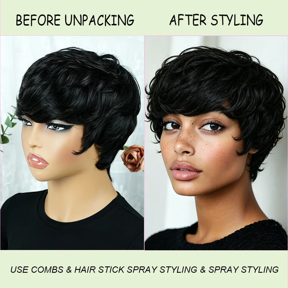 Pre Plucked Straight Human Hair Short Pixie Wig for Women