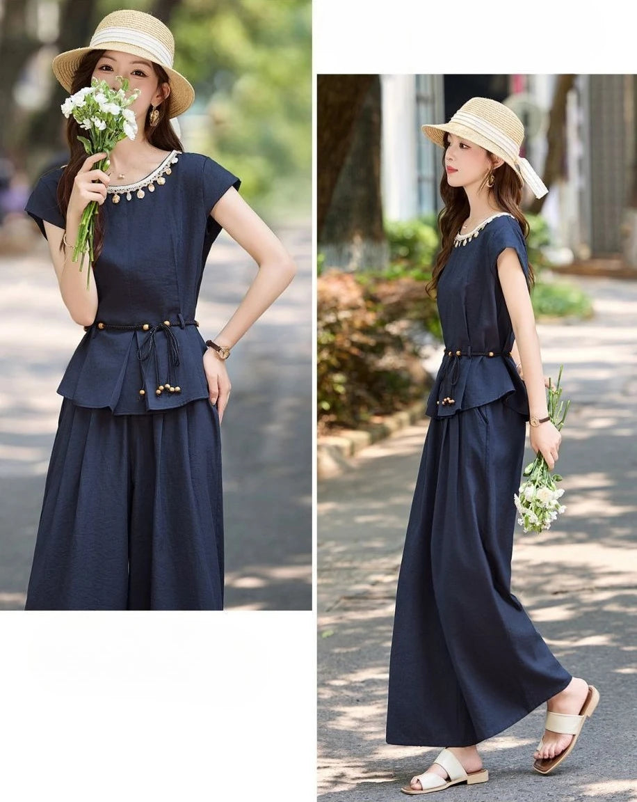 Women's Summer Wide Leg Pants Set 2026 New Arrival Elegant High End 2 Piece Outfit for Casual Chic Look Trending Fashion