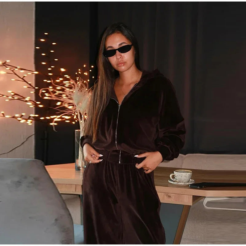 Chic Casual Velvet Hoodie Coat and Pants Set for Women
