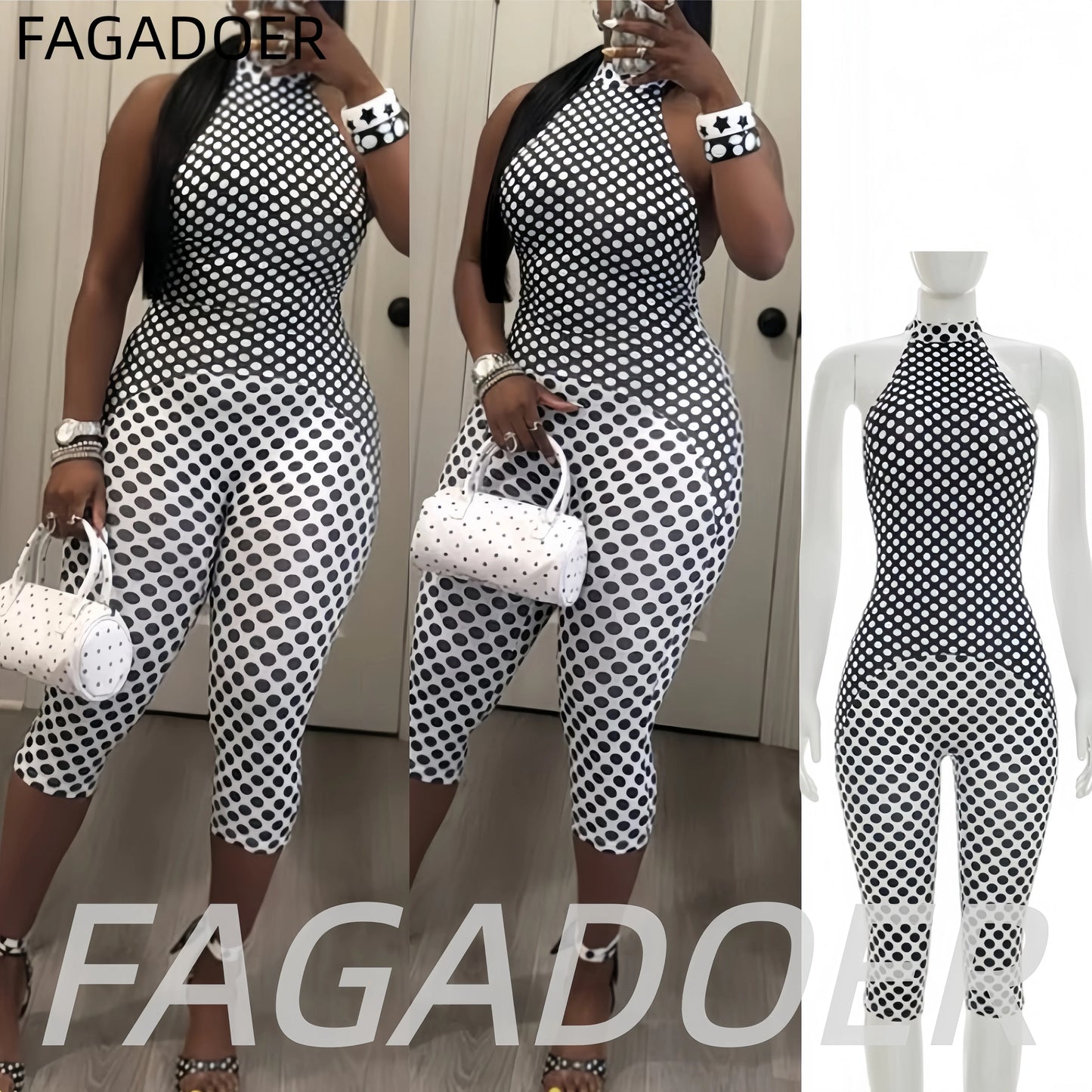 Patchwork Polka Dot Halter Bodycon Romper for Women