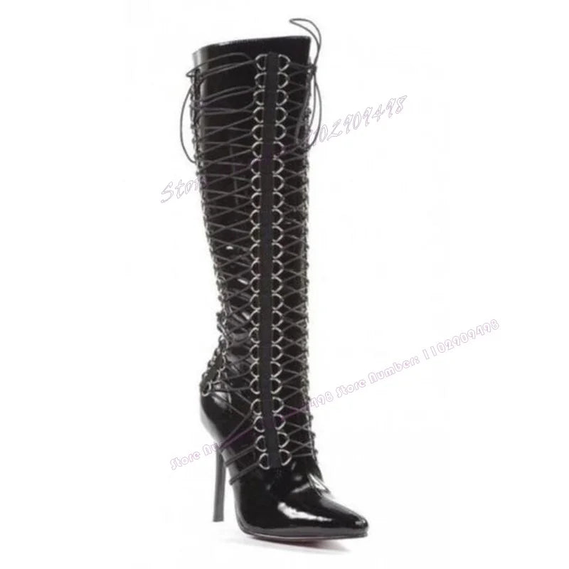 Cross-Tied Buckle Knee High Boots