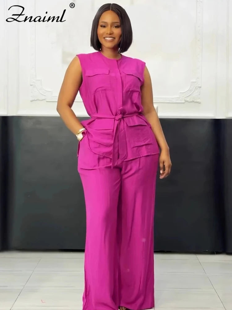 Znaiml Elegant Loose O-neck Sleeveless Pockets Bandage Top and Wide Leg Pants 2 Pieces Sets Women Casual Streetwear Outfits y2k