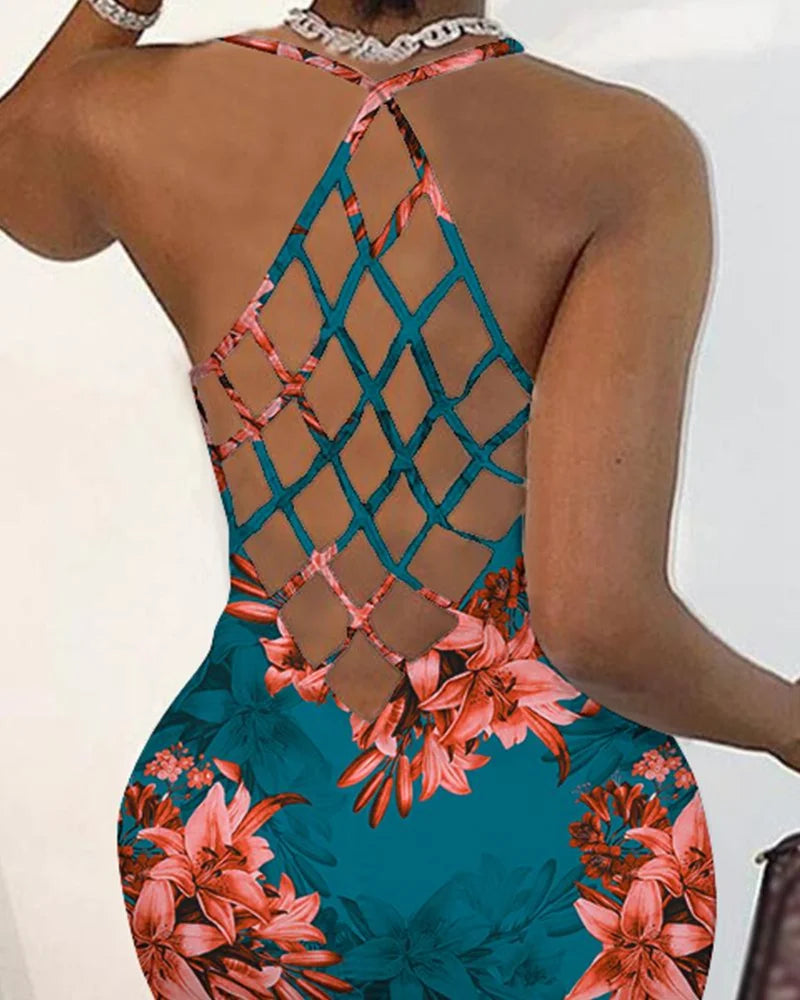 Sexy Women Summer Floral Print Fishnet Backless Bodycon Dress 	U-Neck Slim Fit Spaghetti Strap Midi Blue Dress Vacation Vestido
