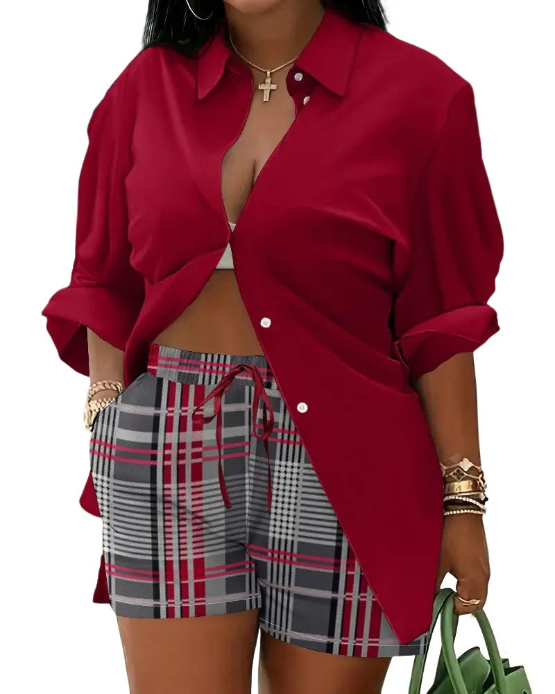 Casual Geometric Print Shirt Shorts Two Piece Set for Women