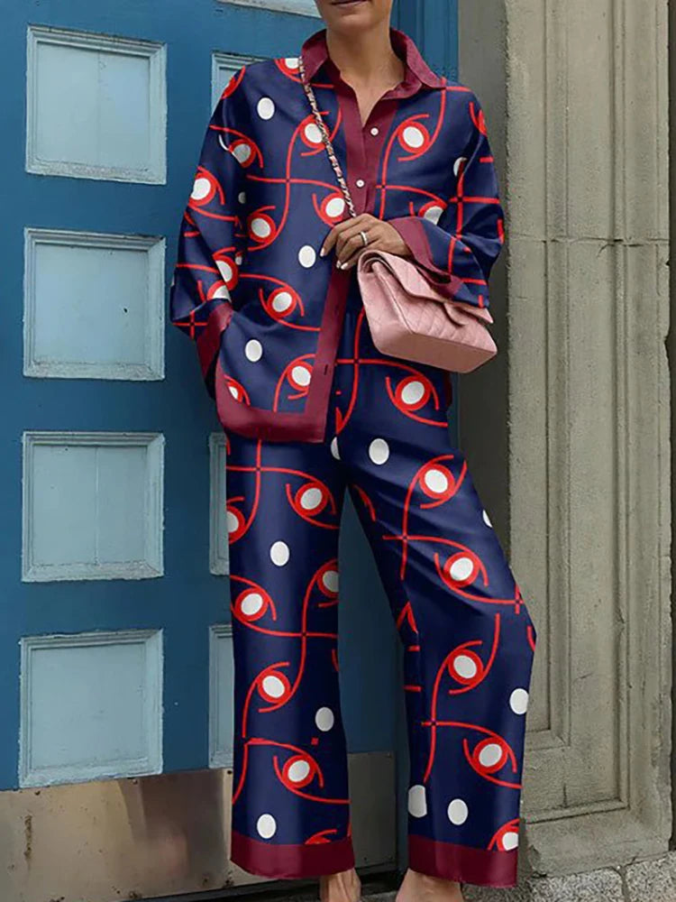 Vintage Printed Two Piece Trouser Suit Set for Women