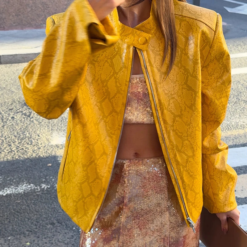 Retro Snake Print Faux Leather Cropped Jacket for Women